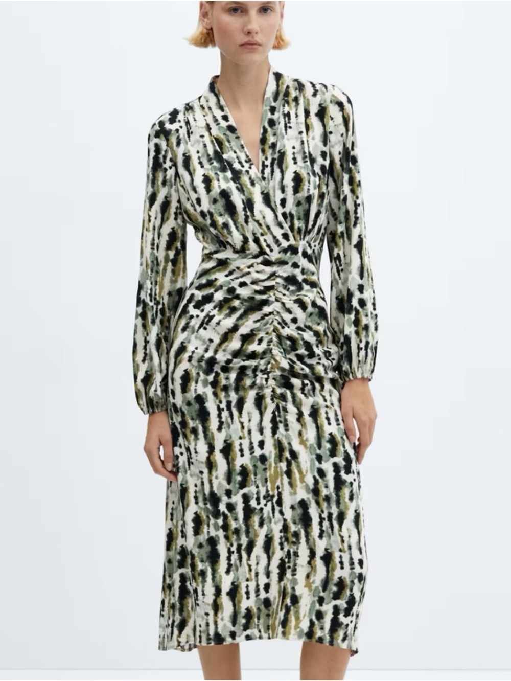 Mango Olive, Black & Cream Ruched V-Neck Long Sleeve Dress
